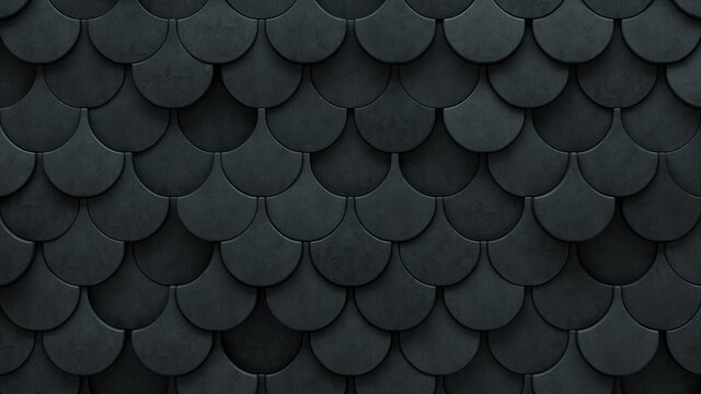 Concrete, Polished Wall background with tiles. Fish Scale, tile Wallpaper with Futuristic, 3D blocks. 3D Render