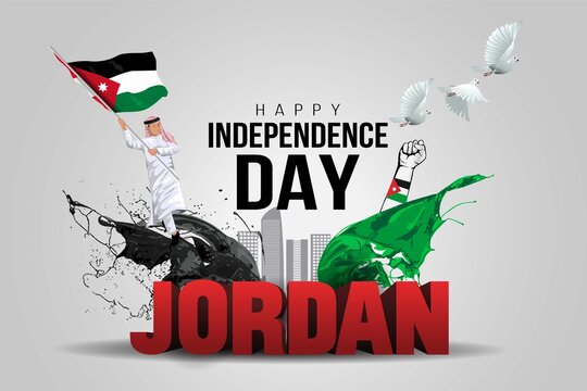 Happy Independence Day Jordan Vector Template Design Illustration. Jordanian man running with flag and Jordan stylish 3d letter