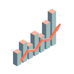 Graphic chart of financial growth and progress with an arrow. Isometric style. Isolated illustration on the theme of business and success. White background