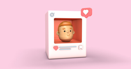3d rendering illustration of a social media profile example with heart, save and like symbols and icons and a character cartoon style inside