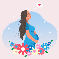 Obraz na płótnie Canvas Happy pregnant woman holds her belly. Decorated beautiful flowers. Vector flat illustration.
