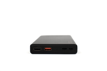 Close-up of a black power bank placed on a white background.