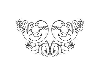 Folk ornament birds flowers plants stylized pattern graphic illustration hand drawn print coloring book for adults and children