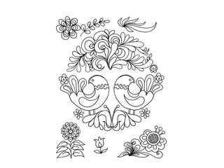 Folk ornament birds flowers plants stylized pattern graphic illustration hand drawn print coloring book for adults and children
