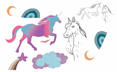 Horse unicorn illustration hand drawn folk style simple lines and shapes. Doodle sketch animals wild jungle nature funny pictures baby cute