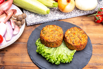 Round vegetarian patties or burgers made from grains, vegetables and legumes