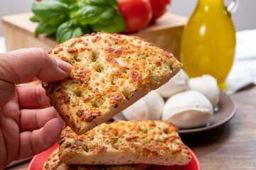Tasty italian vegetarian food, fresh baked flat foccachia bread with white mozzarella cheese and herbs