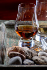 Glasses of scotch whisky served in bar in Edinburgh, Scotland, UK