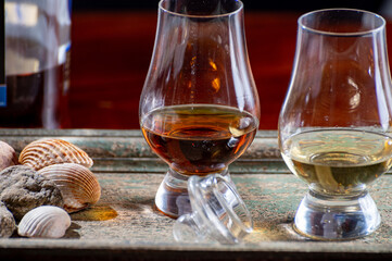 Glasses of scotch whisky served in bar in Edinburgh, Scotland, UK