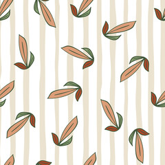 Random abstract seamless pattern with doodle leaf outline ornament. Striped white and pink background.