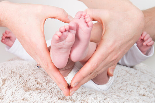baby newborn feet in mother and father hands in hearth shape