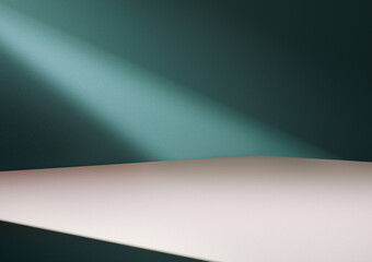 White podium for displaying product and turquoise wall in background lit by diagonal light stripe.