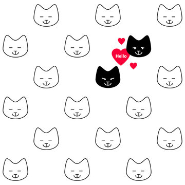 Two black cats in love. Funny Vector seamless pattern with smiling cats faces and red heart with inscription "hello".