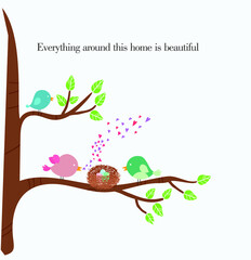 Vector illustration of Loving Birds Family on a tree with eggs in nest