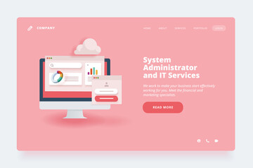 Web design template. Vector illustration concept of website or landing page design for IT services, cloud computing, system administrator, data analytics, SEO.