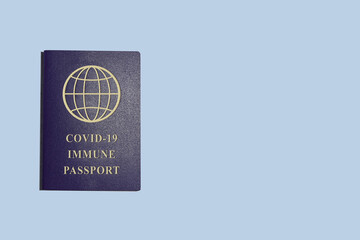 Covid-19 Health Passport on the blue backgoud, flat lay view. Travel concept during the Covid-19 pandemic. vaccination vaccine passport or certificate for travelers.