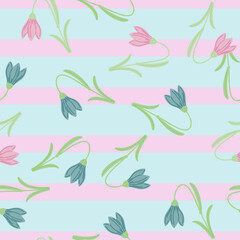 Fototapeta na wymiar Spring season seamless pattern with blue and pink harebell ornament. Striped blue and pink background.