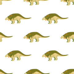 Isolated seamless pattern with jurassic dinosaurs silhouettes. Ankylosaurs green isolated backdrop.