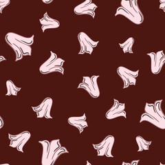 Pink random tulip buds silhouettes seamless pattern in doodle style. Brown background.
