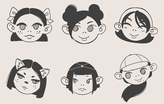 A set of six images of cartoon girls faces. A variety of vector hand-drawn cute icons for social media, avatars, profile pictures. Fashionable girls with hairstyles. Monochrome graphics from lines.
