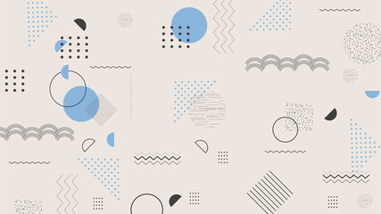 Geometric vintage internet banner. Minimalist horizontal rectangular poster with Memphis style elements. Trendy background with different shapes, lines, zig-zags, dots, arches.