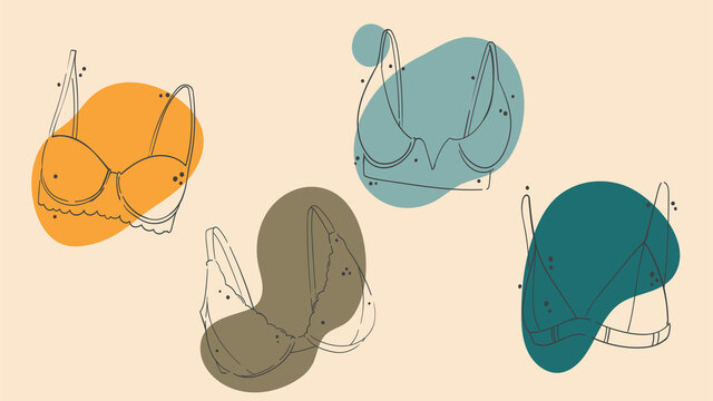 A set of four images of bras. Hand drawn cartoon outlines of tops, bras, bralets. Cute swimwear icons for social networks, stories, advertisements, shops. Summer beach illustrations.