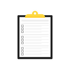 Black folder with checklist isolated on white. Vector illustration. Test form with clipboard.