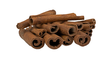 A bunch of cinnamon sticks isolated on a white background. Aromatic spices. Stack of Cinnamon stick selective focus