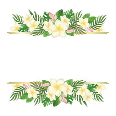 水彩風プルメリアとボタニカルリーフのトロピカルフレーム