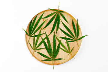 Cannabis plant isolated on white background. Hemp leaf close up. Marijuana green leaf.