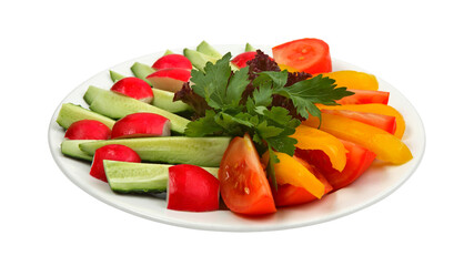 Fresh garden herbs and vegetables on white round plate isolated
