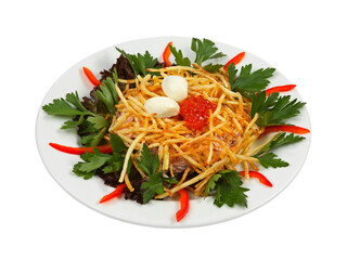 Russian traditional salad in the form of a nest with quail eggs and crispy potatoes