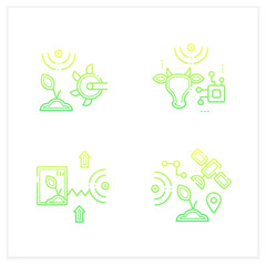 Smart farm gradient icons set. Consist of harvesting, RFID identification,GPS geofencing.Agricultural innovation concepts.Isolated vector illustration.Suitable to banners, mobile apps and presentation