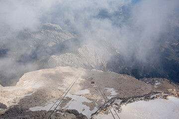 Cable car in mountains in Turkey (Tahtali summit) view through clouds