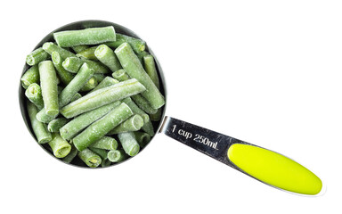 cut and frozen Green Beans in measuring cup cutout