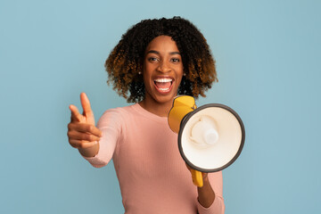 Emotional Cheerful Black Woman Making Announcement With Megaphone In Hands