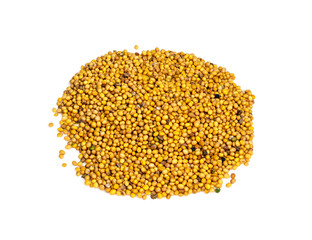 handful of yellow mustard seeds closeup on white