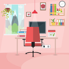 Business workplace in room. Office interior. Work from home. Vector illustration.