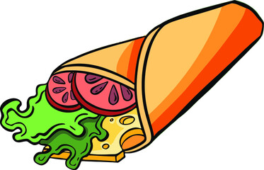  chicken, vegetables roll, fast food meal. Doner gebab, shawarma flat cartoon. Arabic, eastern food Buritto, taco - mexican food. Vector illustration