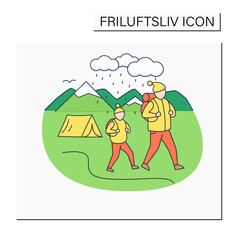Friluftsliv color icon. Family hiking. Dad and son walking in the rain. Camping. Mountain landscape.Nordic outdoor activities concept.Isolated vector illustration