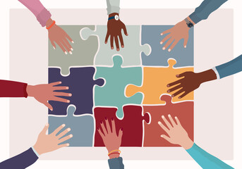 Agreement or affair between a group of colleagues or co-workers.Hands joining puzzle pieces on a table.Diversity People Exchange of ideas. Concept of sharing and exchange.Community