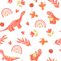 Seamless cute dinosaur pattern. Colorful dino background for kids. Childish vector design for textile and packaging, nursery wallpaper