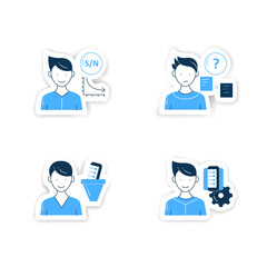 Information overload stickers set.Consists of low signal, info filtering, comparative research method, Infomanagement badges for designs. Information overloading vector emblem