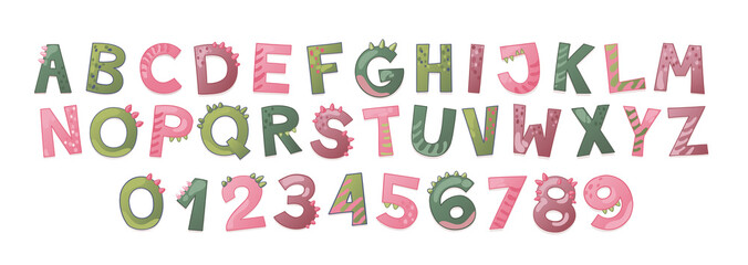 Cartoon cute Dinosaur alphabet for girl. Dino font with letters and numbers. Children Vector illustration for t-shirts, cards, posters, birthday party events, paper design, kids and nursery design