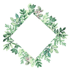 Fototapeta na wymiar Green leaf, watercolor, wedding, frame herbal, illustration, geometric frame.watercolor green leaf frame.eucalyptus.