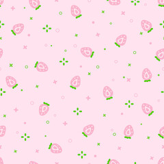 Casual strawberry seamless pattern. Cute pink princess background with dots and strawberries. Simple trendy cartoon pattern with sweet decorative strawberries for fabric, underwear, paper, wrapping.