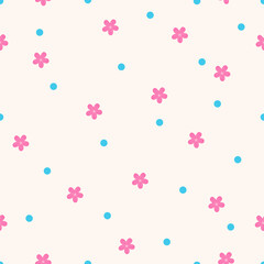 Simple pink flowers seamless pattern. Cute princess repeat pattern with blue dots and pink flowers for fabric, textile, paper, underwear. Trendy modern floral pattern for background and backdrop. 