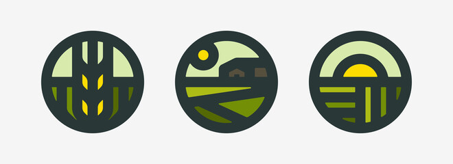 Farm logo mark template or icon of rural landscape with sun and field. Set of modern geometric emblems or badges for natural agriculture, organic food industry or harvesting campaign