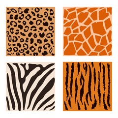 Set of safari animals skin of a leopard, tiger, giraffe and zebra, vector texture decoration elements.  isolated set