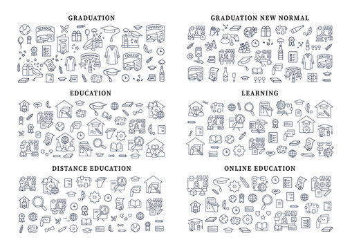 Graduation banner icons. New normal, education, learning, distance, online lesson. Template for landing, web page, layout.Party, academic career and special uniform interface idea with icons